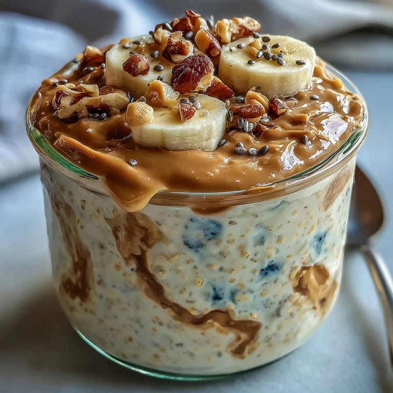 Grab-and-go High-Protein Peanut Butter Overnight Oats jar topped with sliced banana and a drizzle of honey for a quick breakfast.