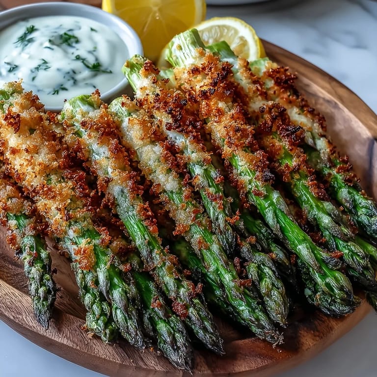 Golden Crispy Asparagus Asiago Spears arranged on a platter, garnished with fresh parsley and ready to be dipped into creamy aioli or marinara. 