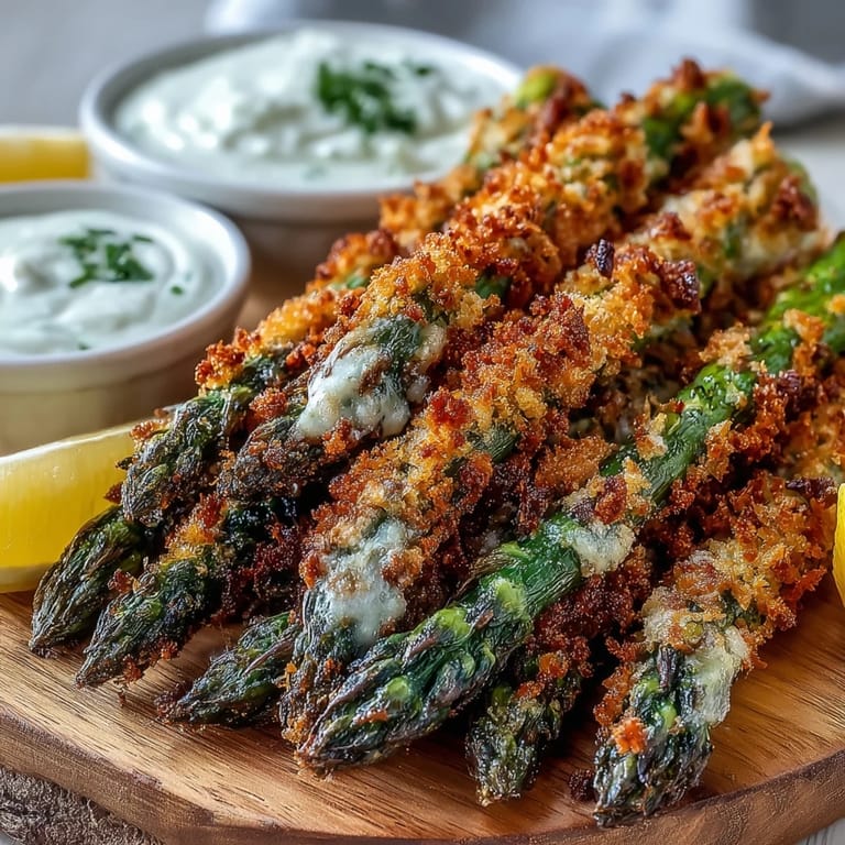 Perfectly baked Crispy Asparagus Asiago Spears on a wooden serving board, featuring tender green stalks tucked inside a crunchy Asiago cheese coating.