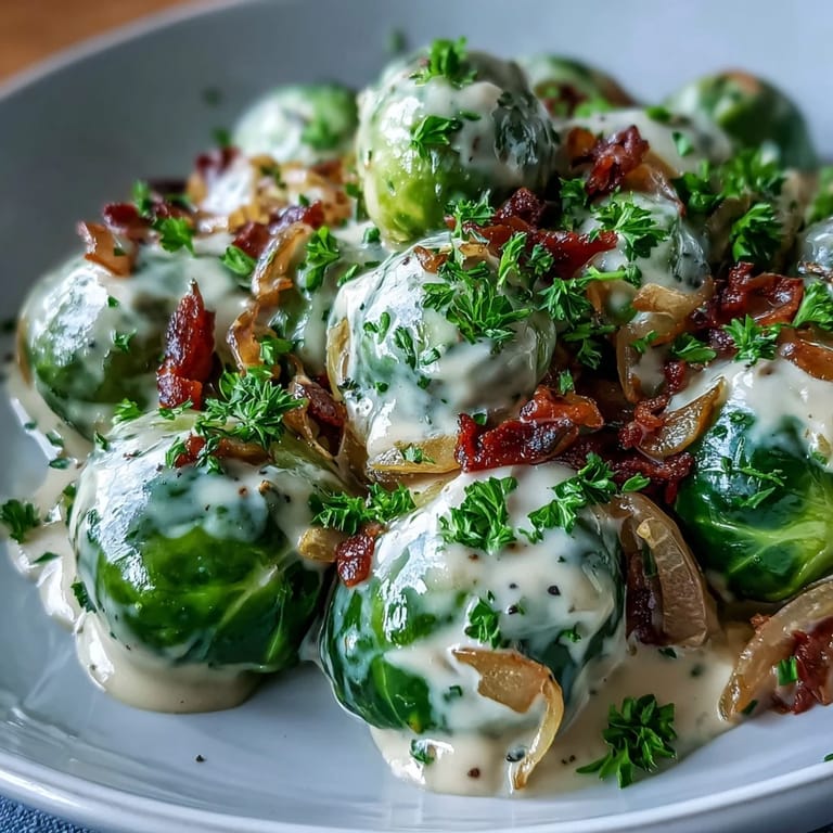Savory Brussels Sprouts in Cream Cheese-Mustard Sauce simmered with onion and garlic, ready to serve as a main or side.