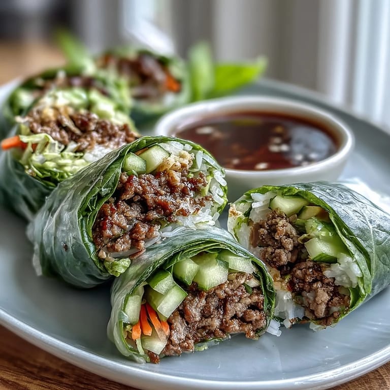 Homemade Thai Basil Beef Rolls displayed with fresh herbs, julienned vegetables, and a small bowl of tangy spicy dipping sauce.