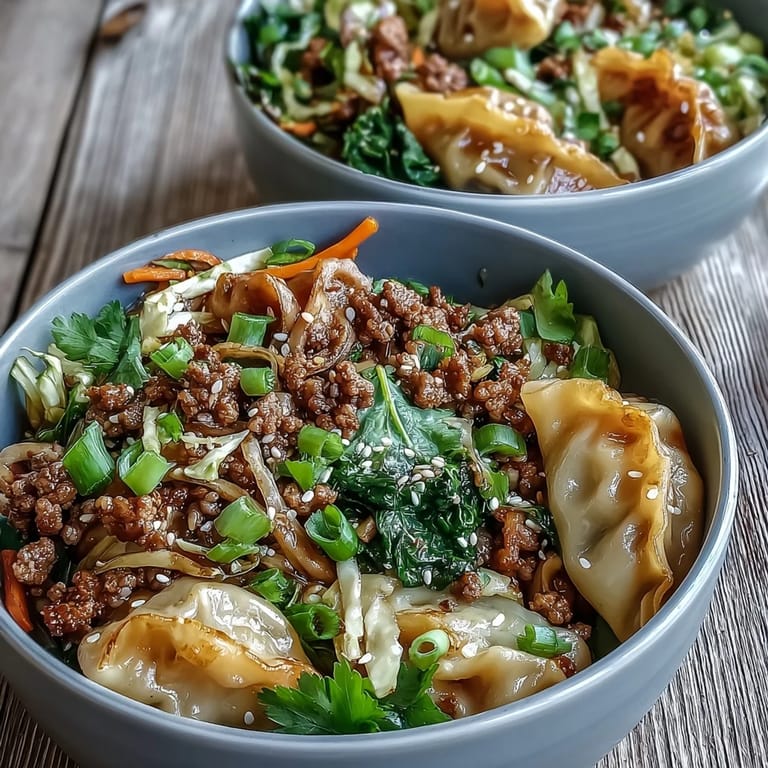 Overhead photo of Potsticker Noodle Bowls with chopsticks ready for a savory Asian fusion dinner.
