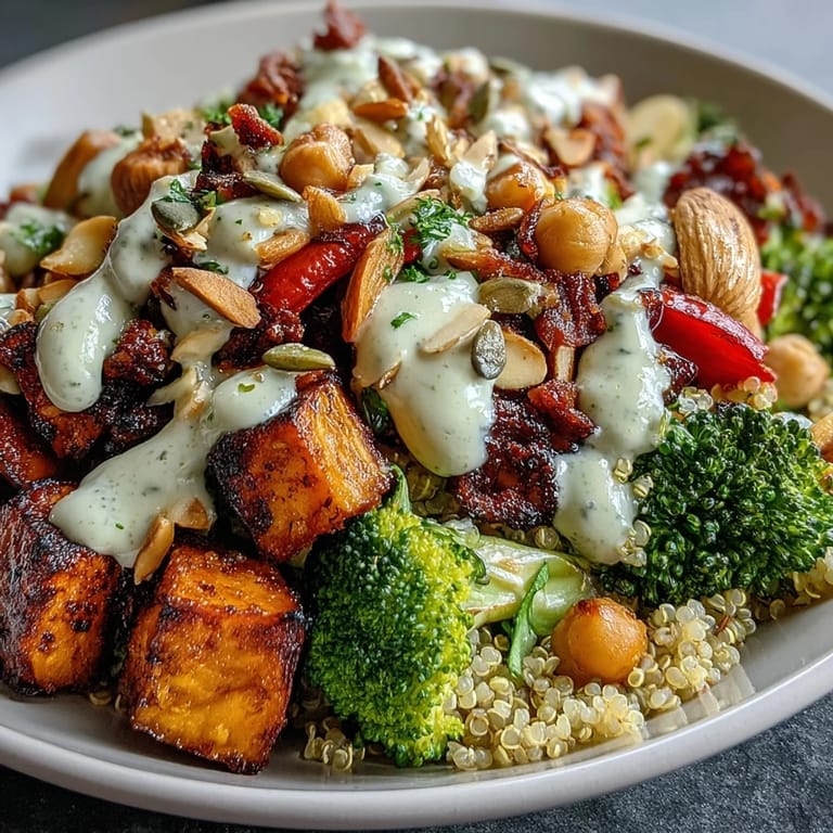 Colorful Meal Prep Week-Long Power Bowl served in a glass container with crunchy nuts, seeds, and fresh cucumbers.