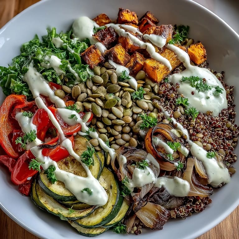 Close-up of vibrant Lentil Power Bowl featuring zucchini, red peppers, and pumpkin seeds atop wholesome grains.