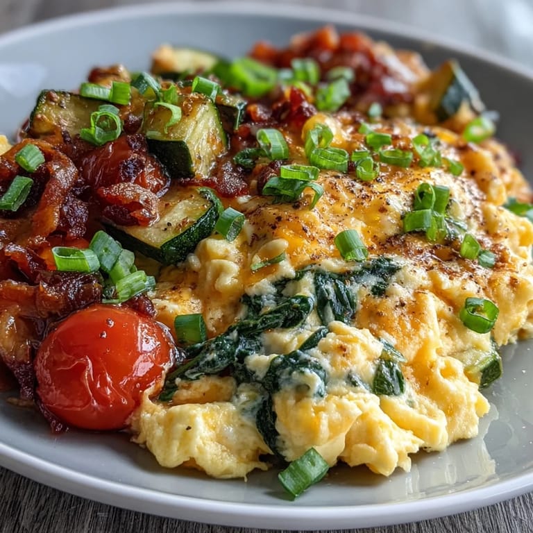 A warm bowl of Scrambled Egg and Veggie Bowl topped with fresh green onions.