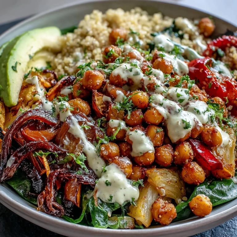 A close-up of the Roasted Chickpea Power Bowl shows crispy chickpeas, avocado slices, and spinach ready for a wholesome lunch.