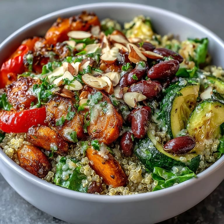 Fork-ready Veggie and Quinoa Power Bowl drizzled with lemon vinaigrette, perfect for a wholesome vegetarian dinner or meal prep.