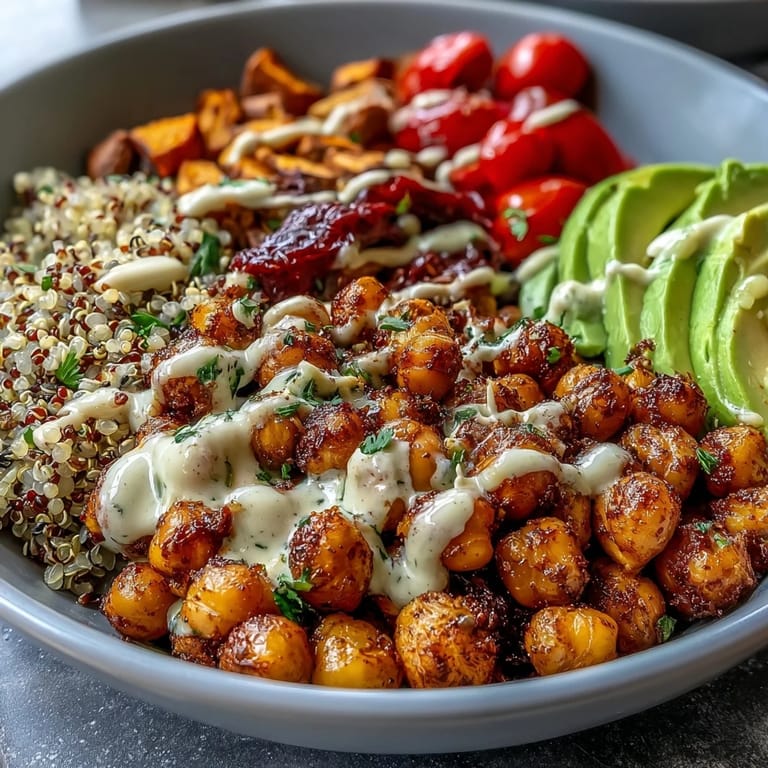 This Chickpea Power Bowl features colorful sweet potatoes and red bell peppers, served with parsley and pumpkin seeds.
