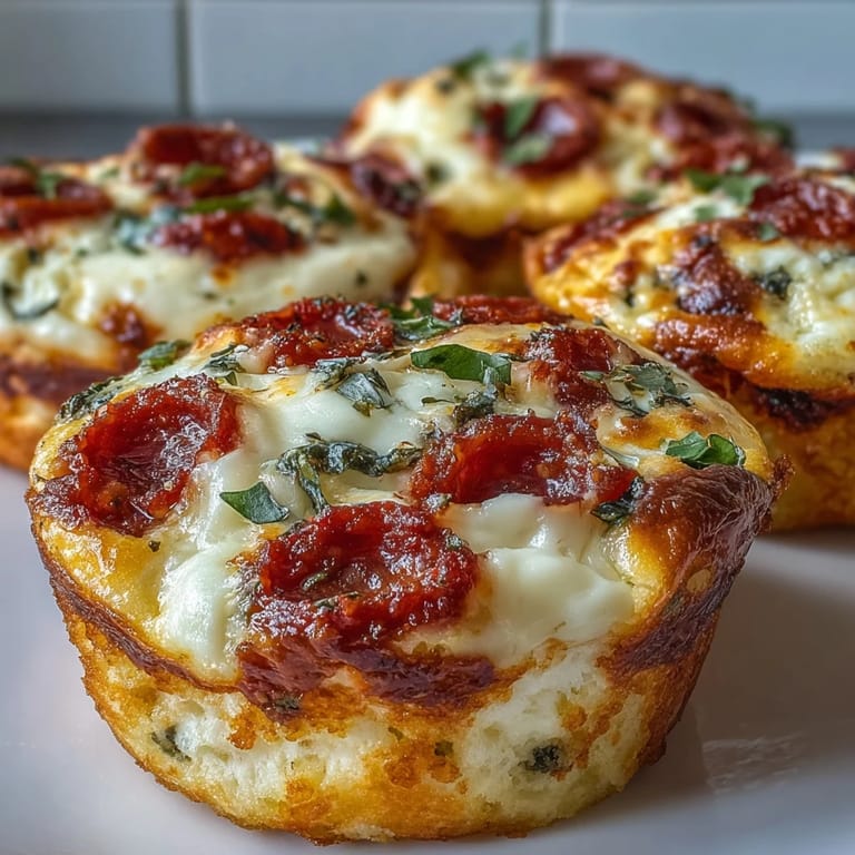A close-up of High-Protein Pepperoni Breakfast Cups shows diced red peppers and savory pepperoni pieces nestled in fluffy, protein-packed eggs.