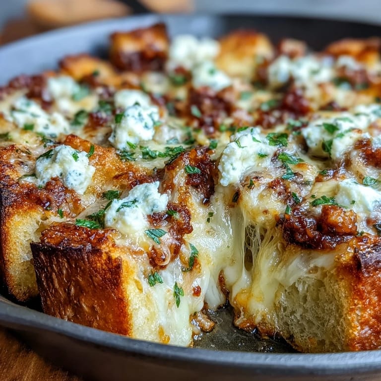 A hearty slice of Cheesy Garlic Bread Lasagna Skillet shows layers of sauce and rich melted cheese.