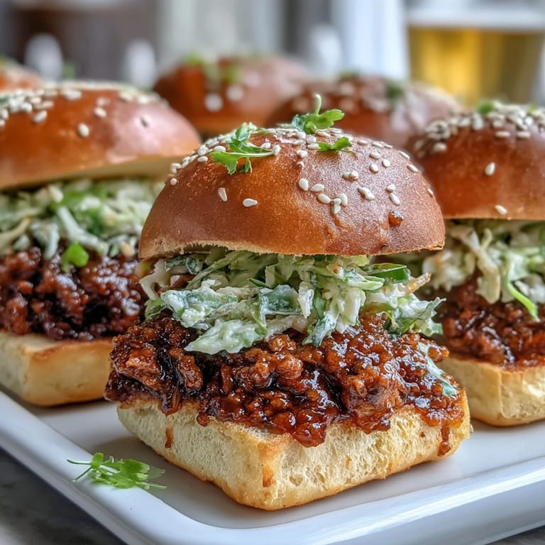 Homemade Korean Turkey Sloppy Joe Sliders served with sesame seeds and pickled side dishes.