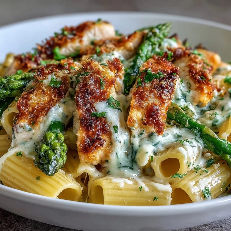 Sliced golden chicken and crispy Parmesan asparagus rest on creamy pasta, finished with fresh parsley and lemon zest.