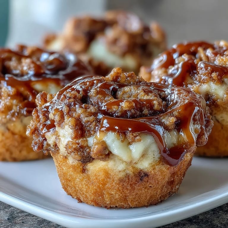 Golden brown Caramel Cream Cheese Swirl Muffins on a cooling rack, showcasing the rich, marbled cream cheese filling inside.