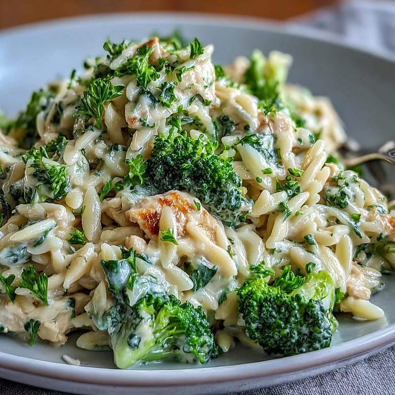 A warm skillet of Creamy Garlic Turkey & Broccoli Orzo is garnished with parsley and extra Parmesan.