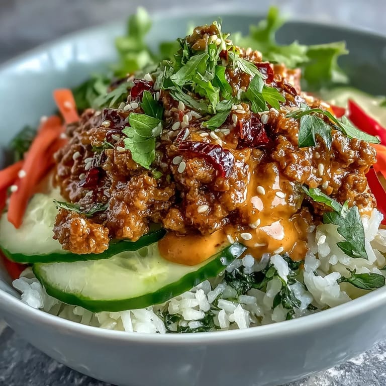 Ground turkey stir-fry in Spicy Bang Bang Turkey Rice Bowls topped with sesame seeds and scallions.