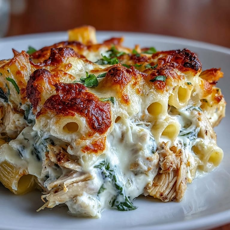 Shredded rotisserie chicken and penne pasta coated in a creamy, tangy Greek yogurt Alfredo sauce.