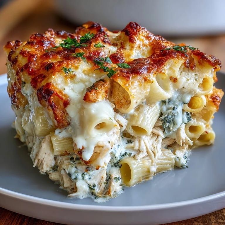 Bubbling, golden-baked Greek Yogurt Chicken Alfredo Bake served hot from the oven, garnished with parsley.