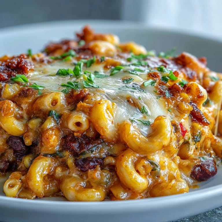One-Pot Tex-Mex Chili Mac with Corn served in a rustic bowl, topped with fresh cilantro, jalapeños, and a dollop of sour cream.