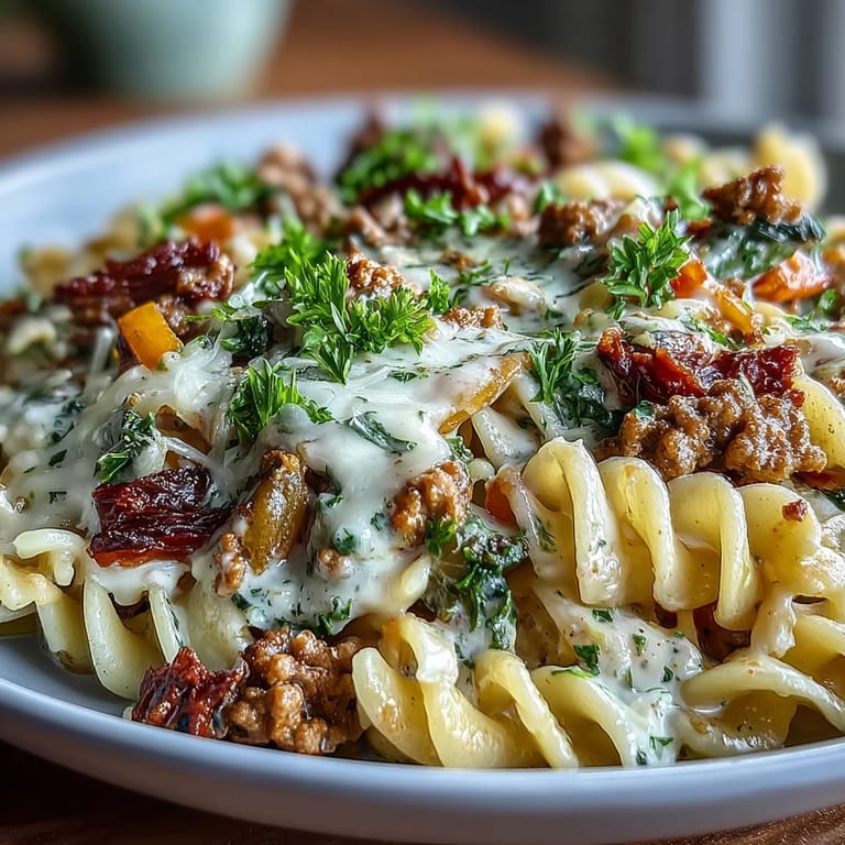 A close-up of the creamy ranch turkey and veggie skillet garnished with fresh parsley, showing the cheesy sauce coating the ingredients.