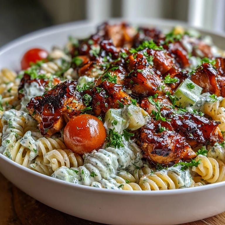 Tender honey-BBQ chicken rests on rotini with bright corn and tomatoes in Honey BBQ Chicken Pasta Salad.