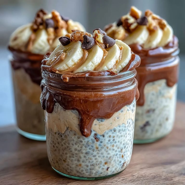 Overhead view of two serving jars filled with Chunky Monkey Overnight Chia Pudding, with sliced bananas and cocoa-rich chia layers beside a small bowl of walnuts.  
