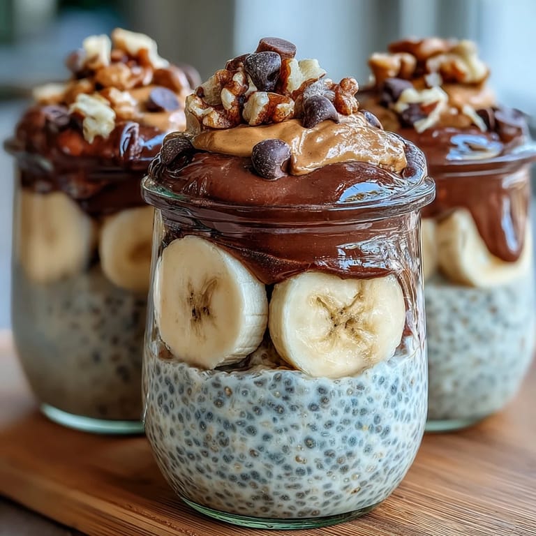 Spoon dipping into a glass of Chunky Monkey Overnight Chia Pudding revealing thick peanut butter and banana layers, with chocolate chips scattered on top.