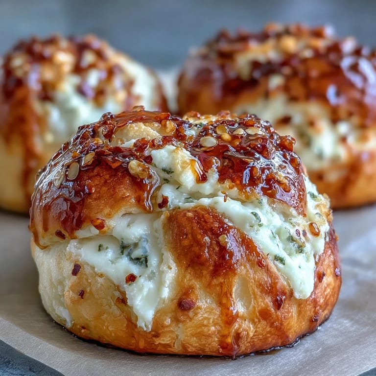A close-up of a torn Hot Honey Ricotta Stuffed Garlic Knot reveals creamy ricotta filling inside the soft dough.