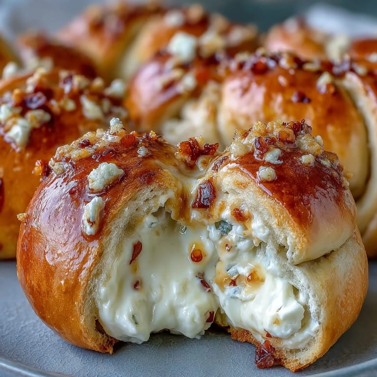 Freshly baked Hot Honey Ricotta Stuffed Garlic Knots are drizzled with red pepper flakes and sweet hot honey.