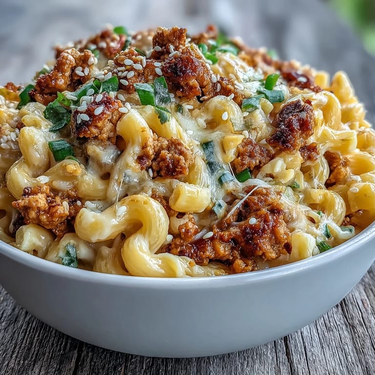 Hot Korean-Style Turkey Mac & Cheese served in a bowl with scallions.