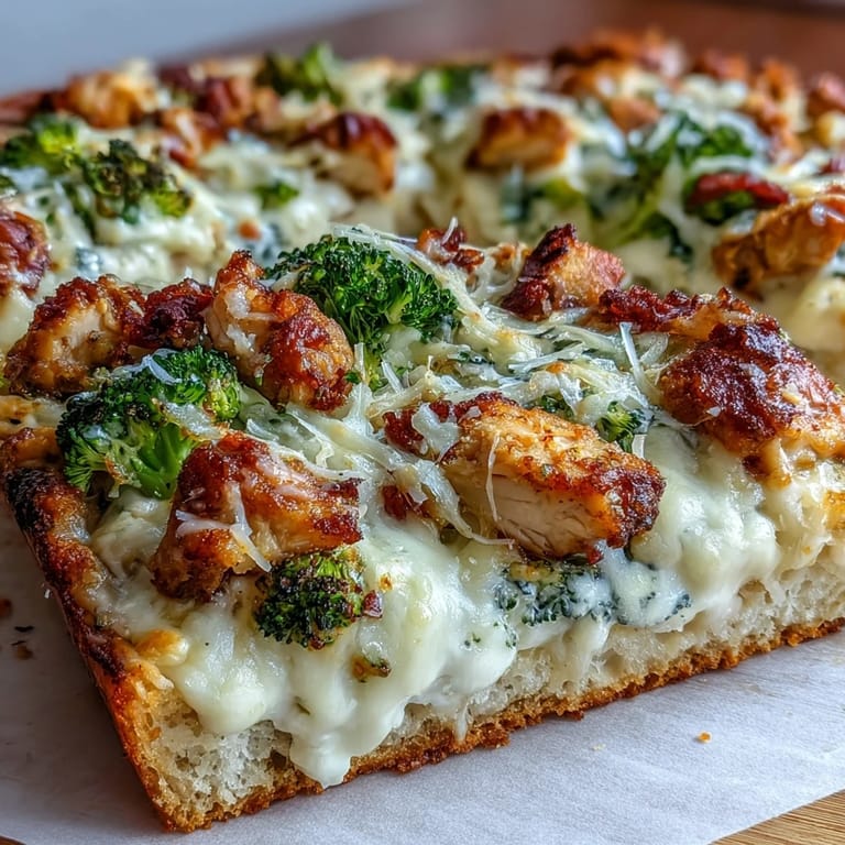 A hot Garlic Parmesan Chicken & Broccoli Pizza on a cutting board, ready to serve with parsley garnish.