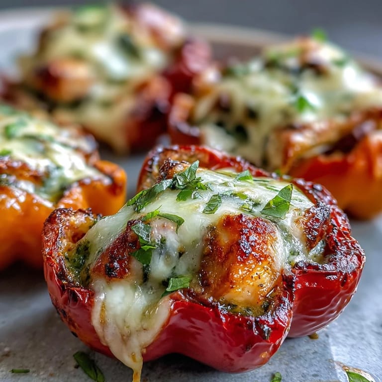 Juicy Pesto Chicken Stuffed Sweet Peppers served warm, showcasing bubbling cheese and tender peppers.