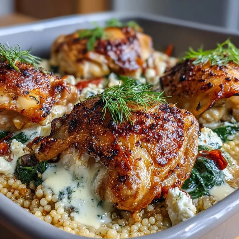 A spoon lifts a creamy serving of Creamy Greek Chicken & Pearl Couscous Bake from a ceramic dish.