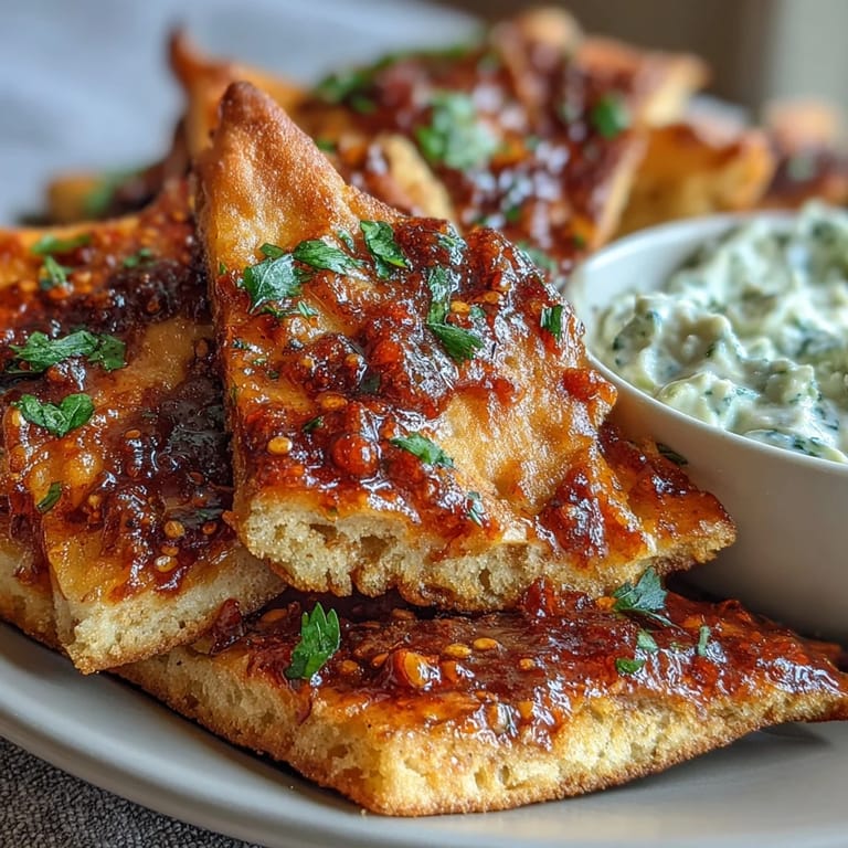 A close-up shot of crispy Spicy Chili Crisp Garlic Naan Chips dipping into a cool, creamy Asian cucumber dip with visible sesame seeds and herbs.