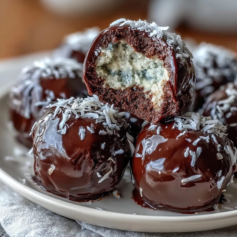 Silky smooth avocado chocolate truffles coated in fragrant shredded coconut, offering a luscious vegan dessert with deep cocoa flavor.