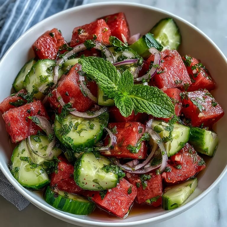 Light and vibrant watermelon cucumber salad with fresh mint, tossed in a zesty lime dressing—perfect for picnics, BBQs, or cooling off on hot summer days.