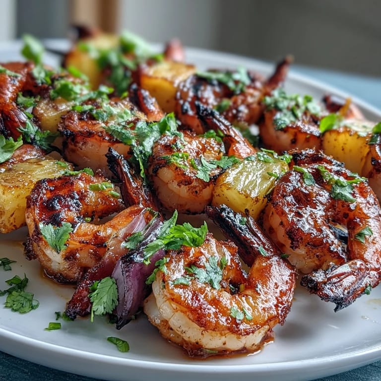 Cilantro lime marinated grilled shrimp and pineapple skewers, served hot off the grill with bright vegetables and citrus garnish.
