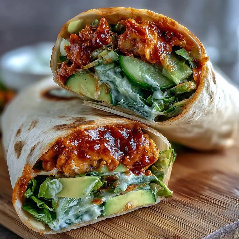 Plant-based buffalo chickpea salad wraps loaded with crisp lettuce, cucumber, and tangy hot sauce for a satisfying meal.