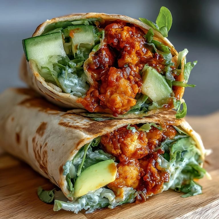 Hearty vegan buffalo chickpea salad wraps featuring mashed chickpeas, fresh veggies, and zesty buffalo flavor in every bite.