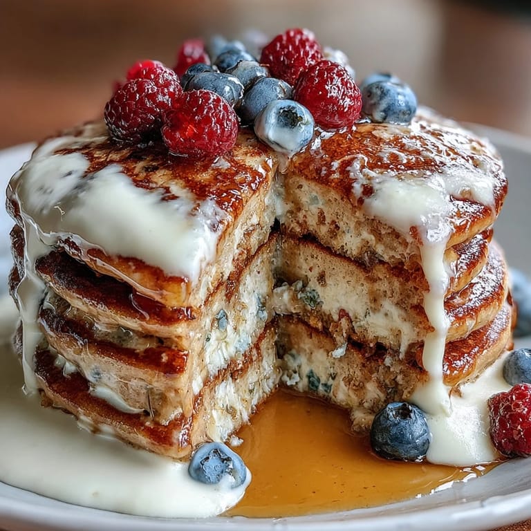 Fluffy berry pancakes drizzled with honey and paired with tangy Greek yogurt—a nutritious morning treat.