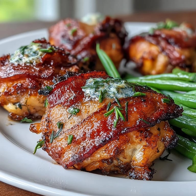 Flavorful Keto Bacon Ranch Chicken Thighs with Green Beans - juicy chicken thighs baked with smoky bacon and ranch seasoning, paired with fresh green beans for a low-carb dinner.