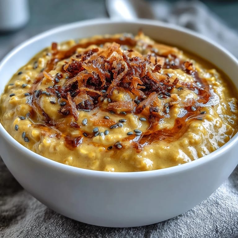 Vibrant vegan breakfast bowl of golden oats with warming spices, chia seeds, and a drizzle of maple syrup.