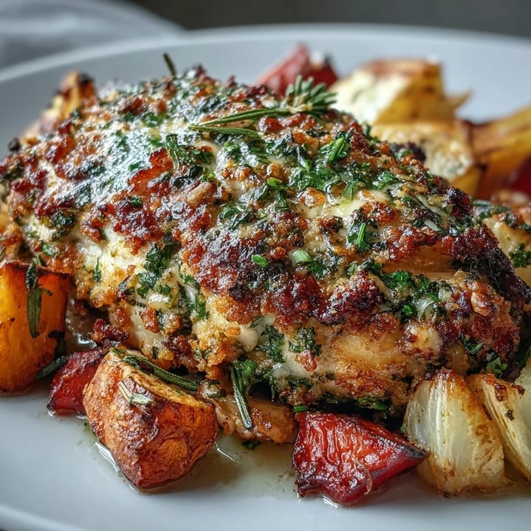 Succulent chicken topped with fresh parsley, thyme, and rosemary, nestled among sweet potatoes and parsnips on a sheet pan.  