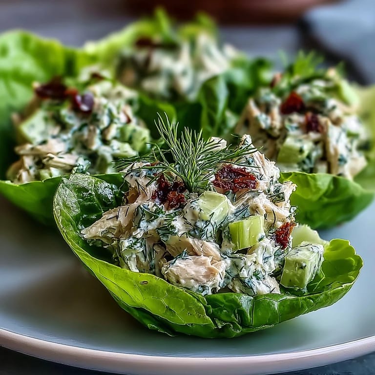 Fresh and flavorful avocado herb chicken salad served in crunchy lettuce cups for a healthy lunch.