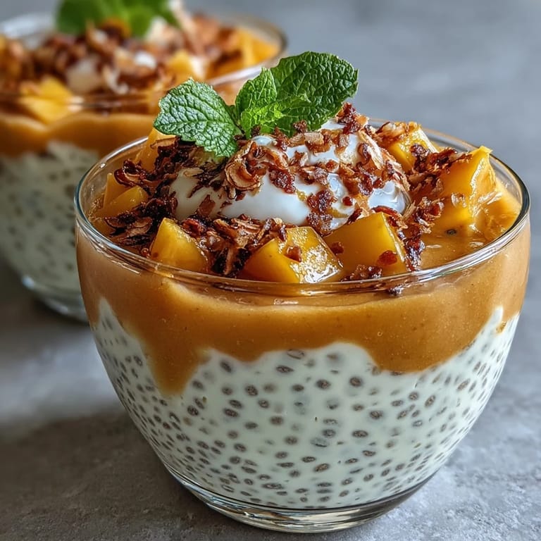 Refreshing plant-based dessert featuring silky chia pudding, vibrant mango layer, and velvety coconut cream—an easy vegan twist on mango sago.