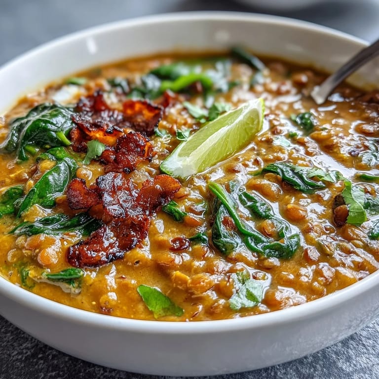 Rich and comforting vegan coconut lentil dahl simmered to perfection with warming spices, tender spinach, and a squeeze of lime for brightness.