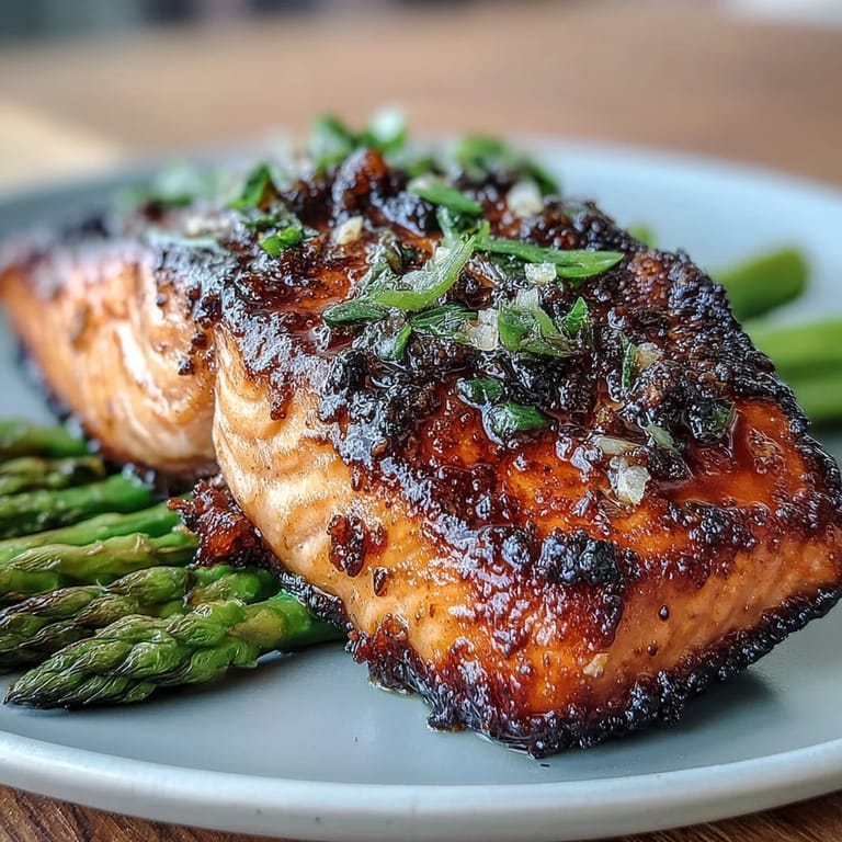 Golden seared salmon with crispy skin paired with vibrant asparagus sautéed in fresh lemon and garlic.  