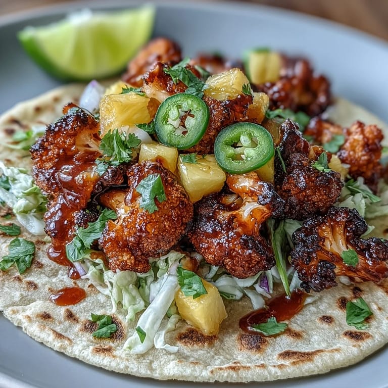 Vibrant vegan tacos featuring smoky BBQ cauliflower, bright pineapple salsa, and creamy avocado for a flavorful plant-based meal.