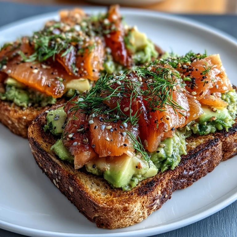 Low-carb breakfast toast featuring rich avocado spread, delicate smoked salmon, and crunchy everything bagel topping on golden keto bread.