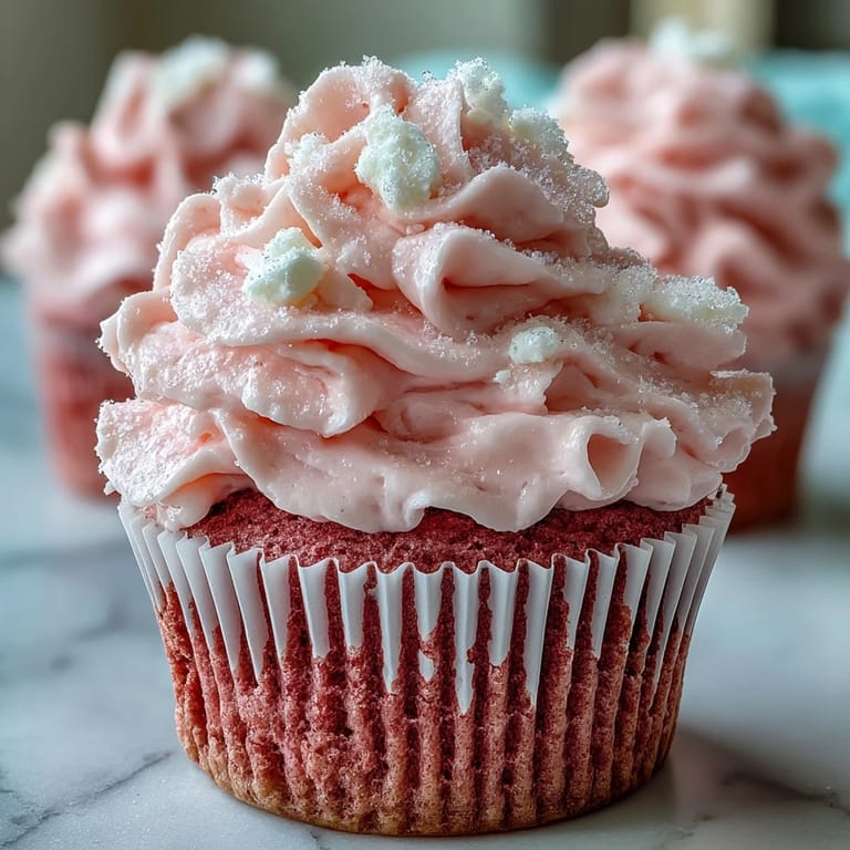 Hand-frosted pink velvet cupcakes topped with silky cream cheese frosting, decorated with festive sprinkles for a romantic dessert spread.