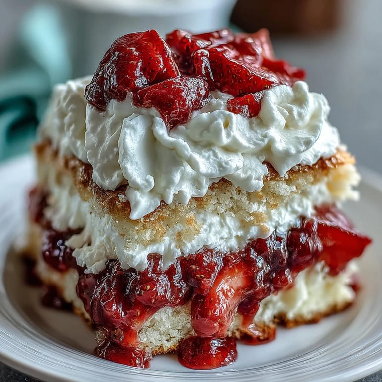 Golden shortcakes topped with macerated strawberries and a cloud of homemade whipped cream, a romantic classic treat.